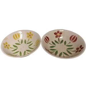 Vintage Japanese Ironstone Ware Bowl Pair Floral Stamp Geometric Underglaze